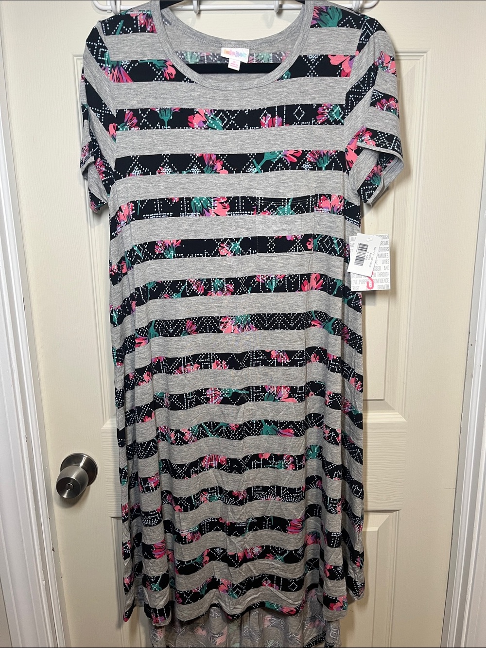 LuLaRoe Carly Gray, Black, Pink & Teal Striped Floral High-Low Dress